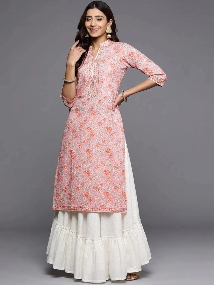Pink Printed Cotton Straight Kurta - Libas