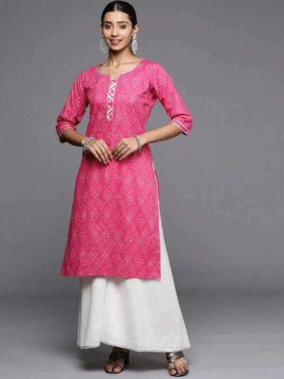 Pink Printed Cotton Straight Kurta - Libas