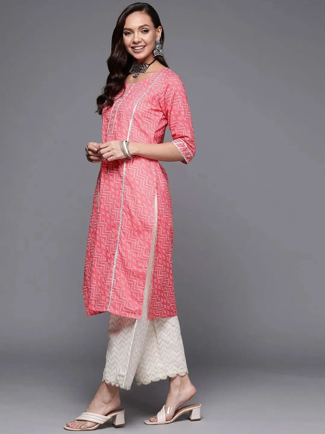 Pink Printed Cotton Straight Kurta - Libas 