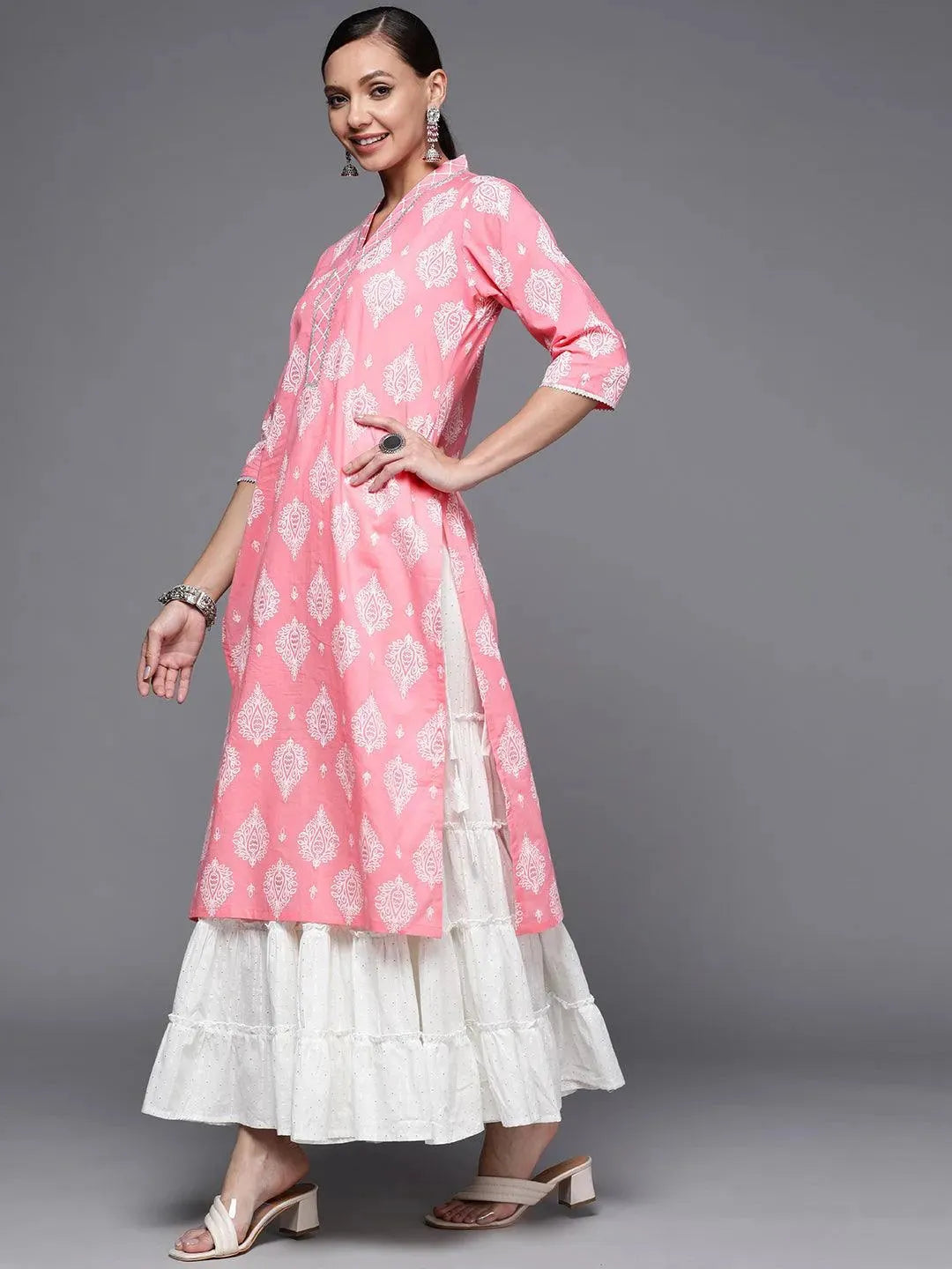 Pink Printed Cotton Straight Kurta - Libas 