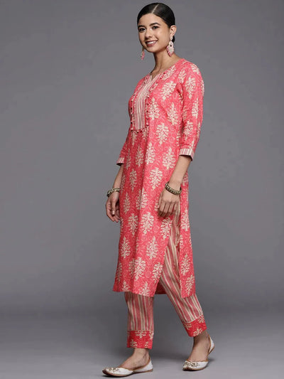 Pink Printed Cotton Straight Kurta - Libas