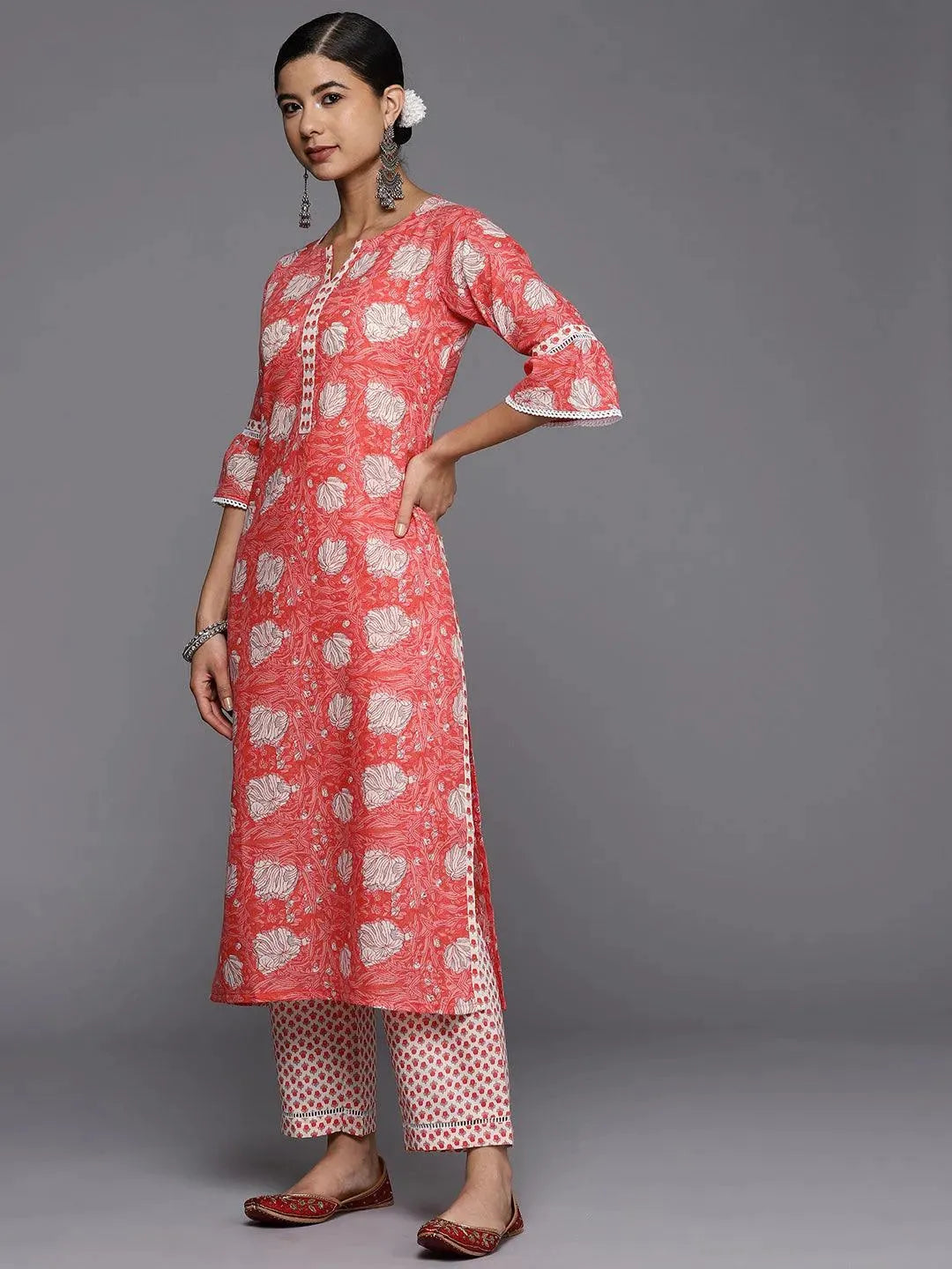 Pink Printed Cotton Straight Kurta - Libas