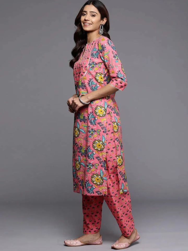 Pink Printed Cotton Straight Kurta - Libas