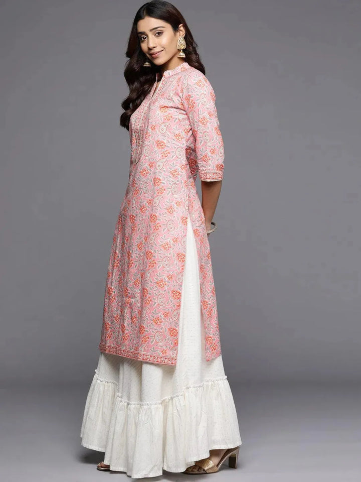Pink Printed Cotton Straight Kurta - Libas