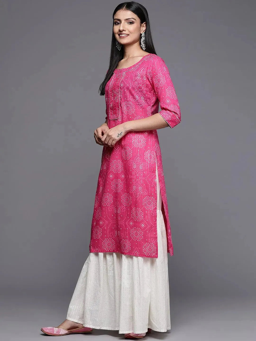 Pink Printed Cotton Straight Kurta - Libas 