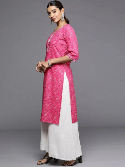 Pink Printed Cotton Straight Kurta - Libas