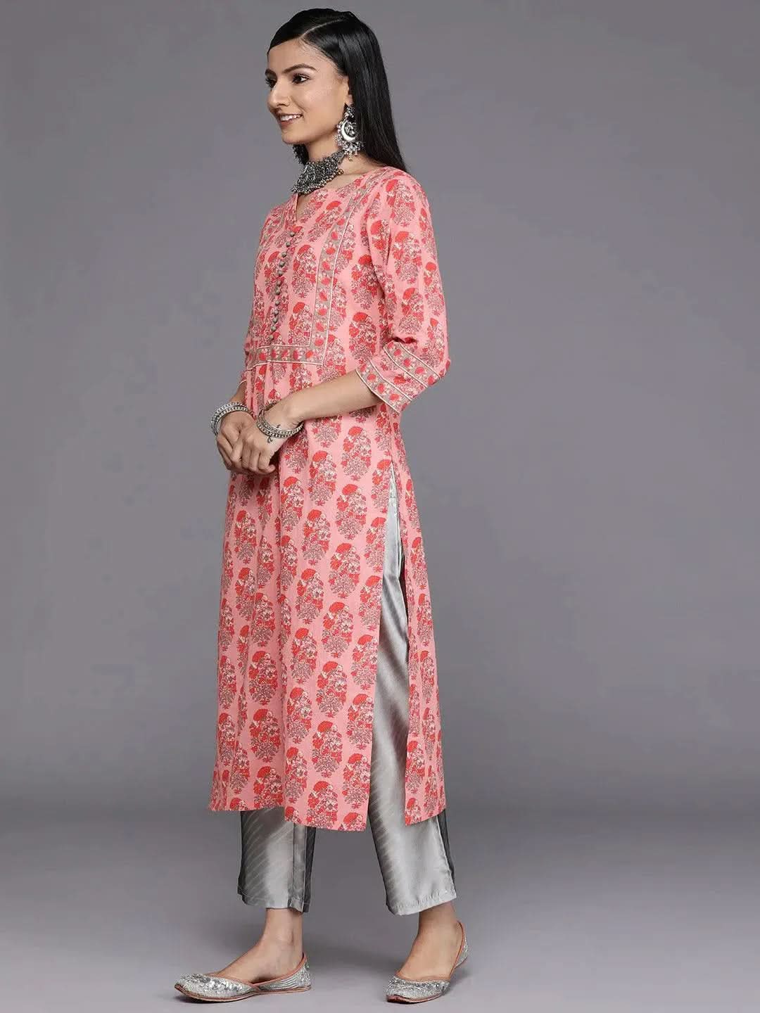 Pink Printed Cotton Straight Kurta - Libas 