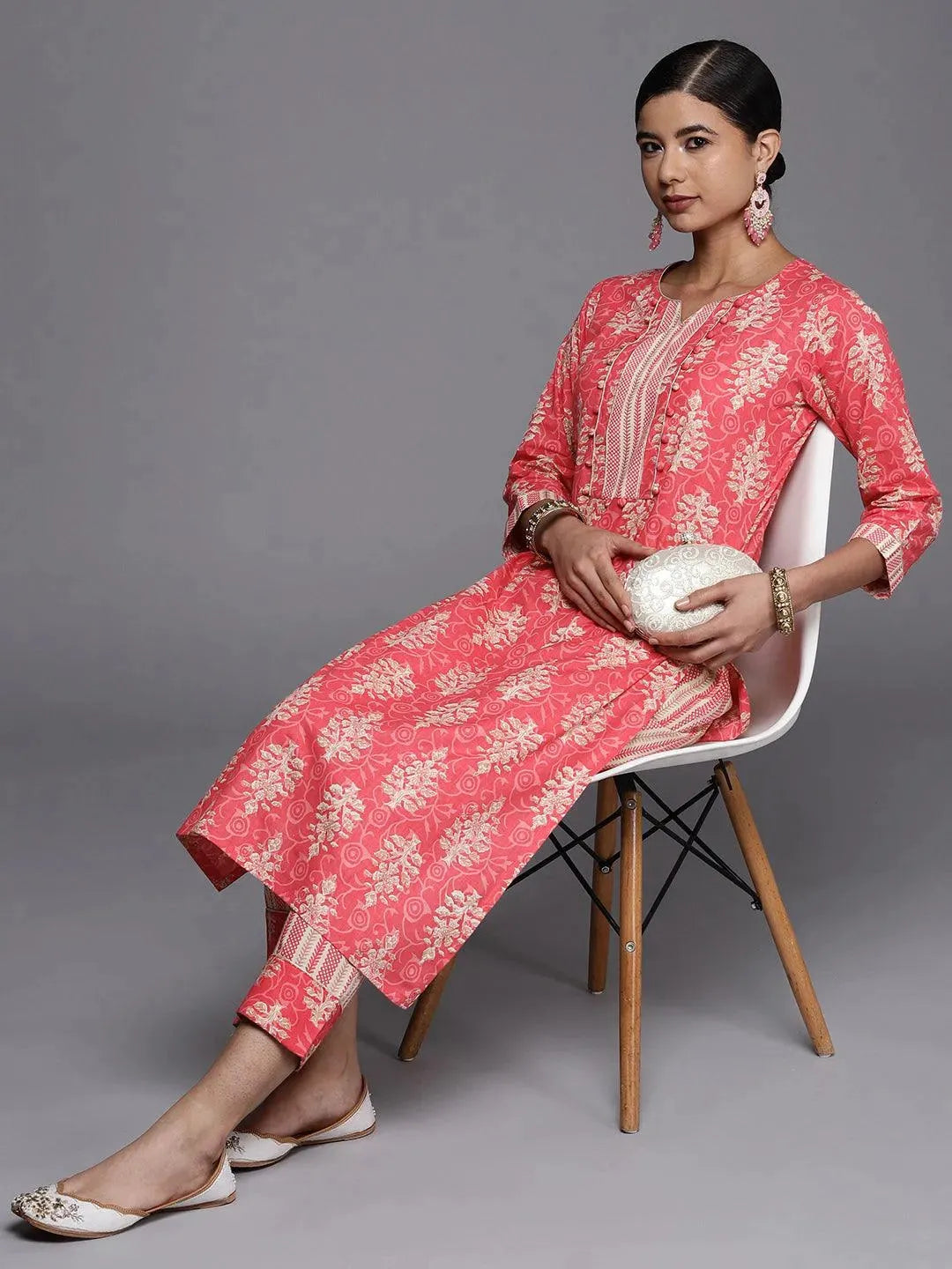 Pink Printed Cotton Straight Kurta - Libas 
