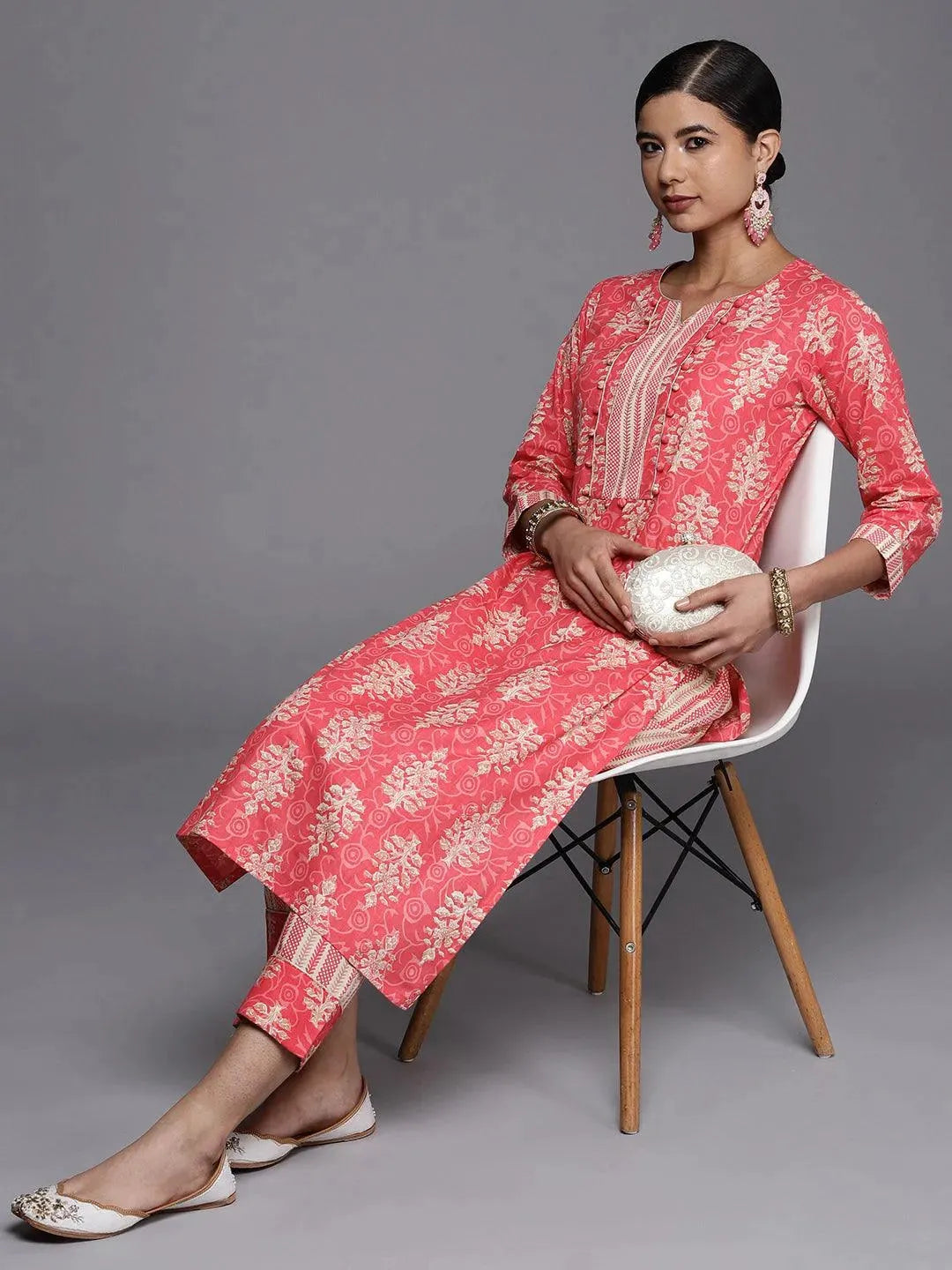 Pink Printed Cotton Straight Kurta - Libas