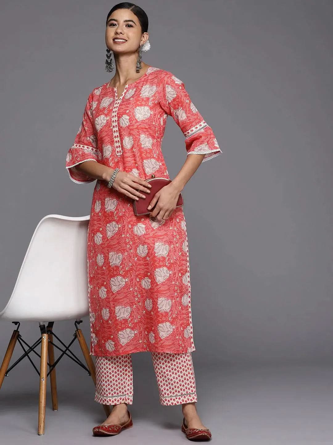 

Pink Printed Cotton Straight Kurta