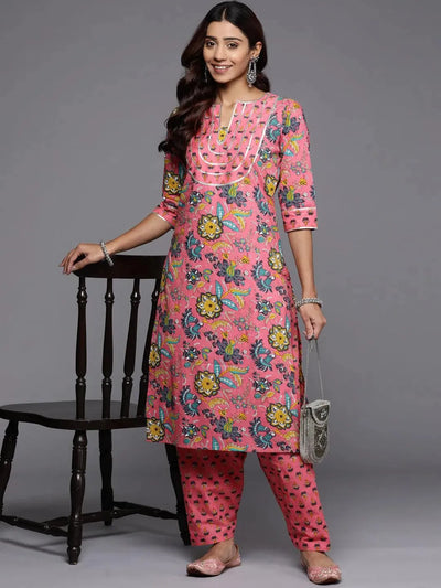 Pink Printed Cotton Straight Kurta - Libas