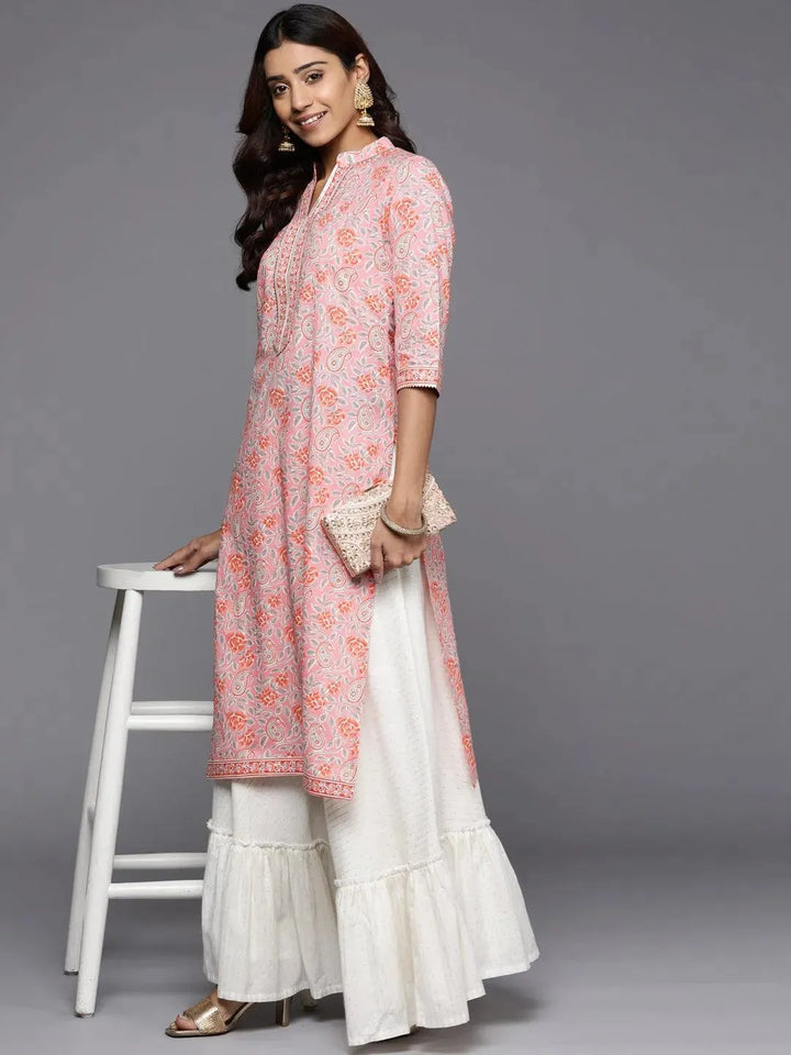 Pink Printed Cotton Straight Kurta - Libas