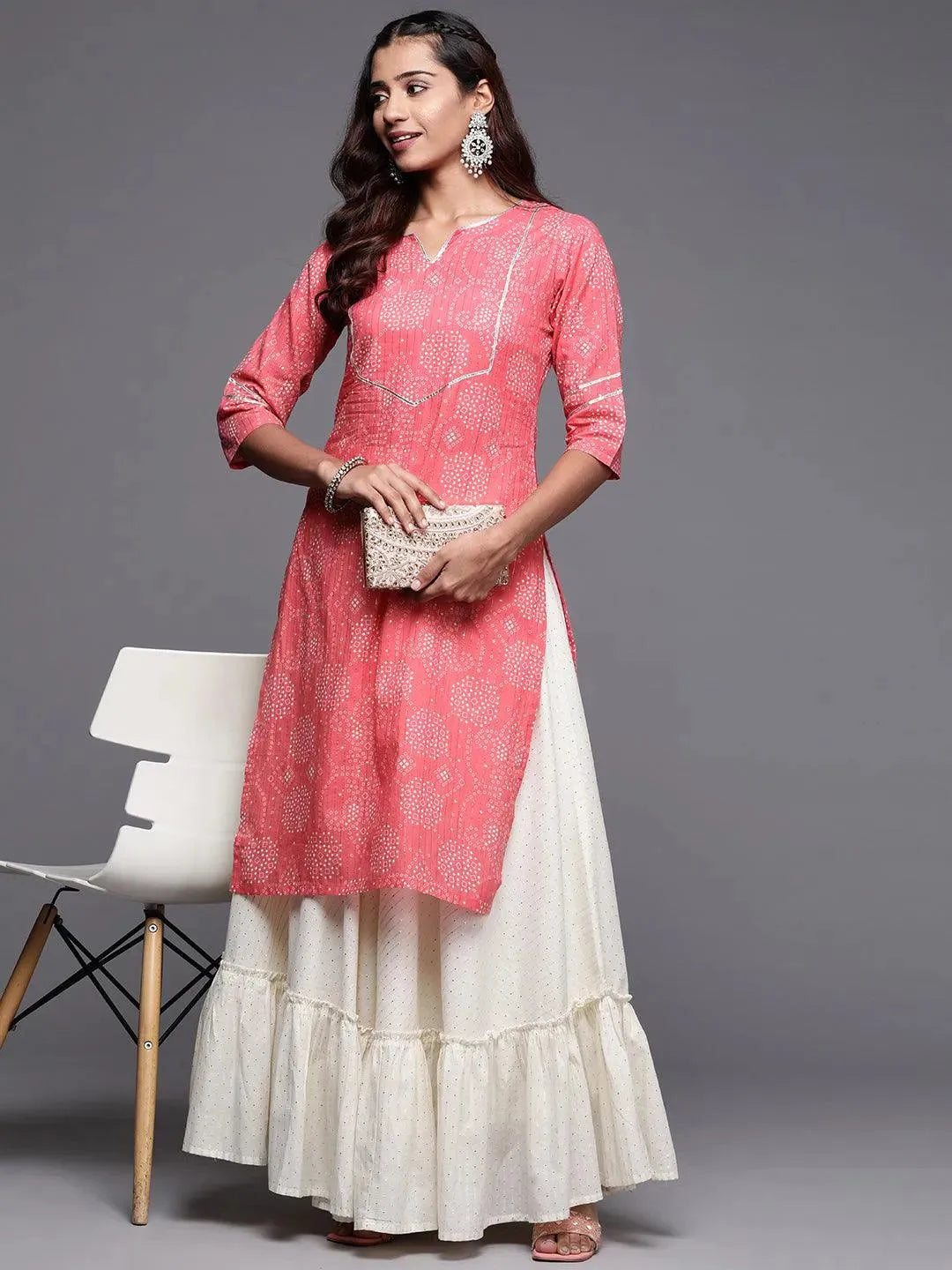 Pink Printed Cotton Straight Kurta - Libas 