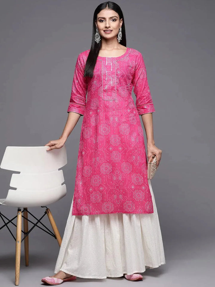 Pink Printed Cotton Straight Kurta - Libas