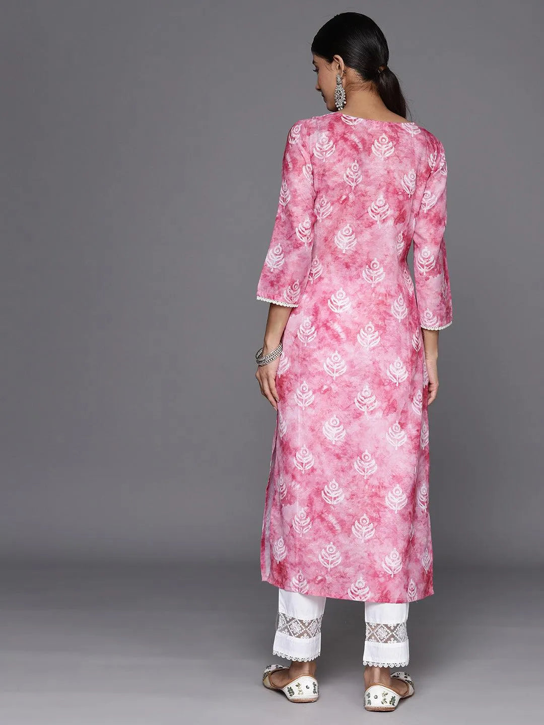Pink Printed Cotton Straight Kurta - Libas 