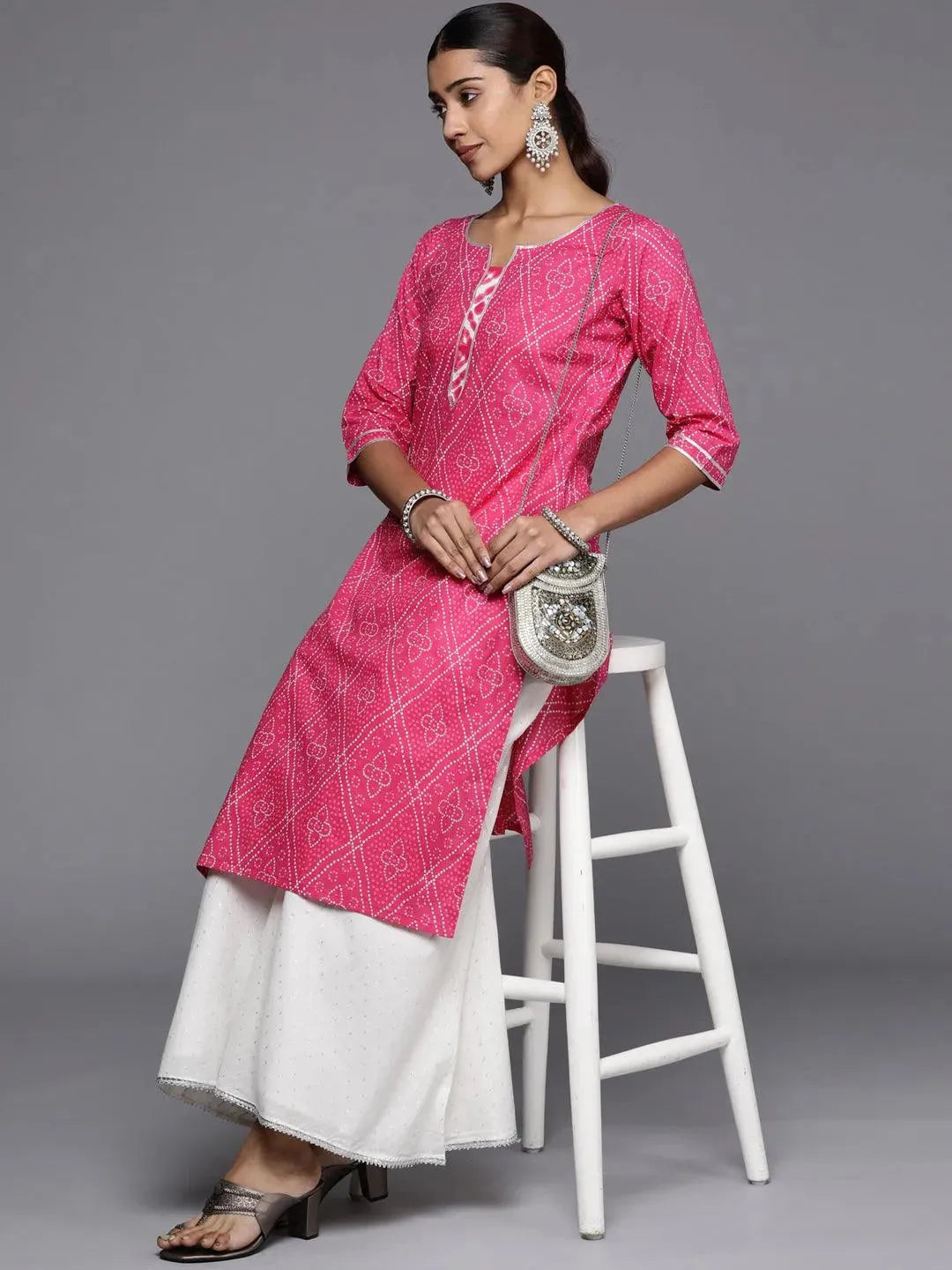 Pink Printed Cotton Straight Kurta - Libas