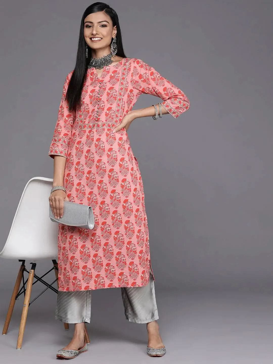 Pink Printed Cotton Straight Kurta - Libas 