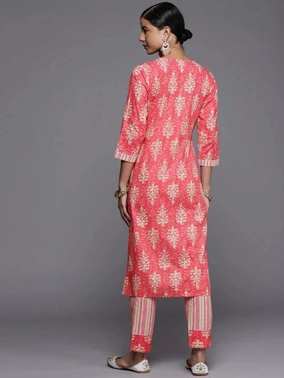 Pink Printed Cotton Straight Kurta - Libas