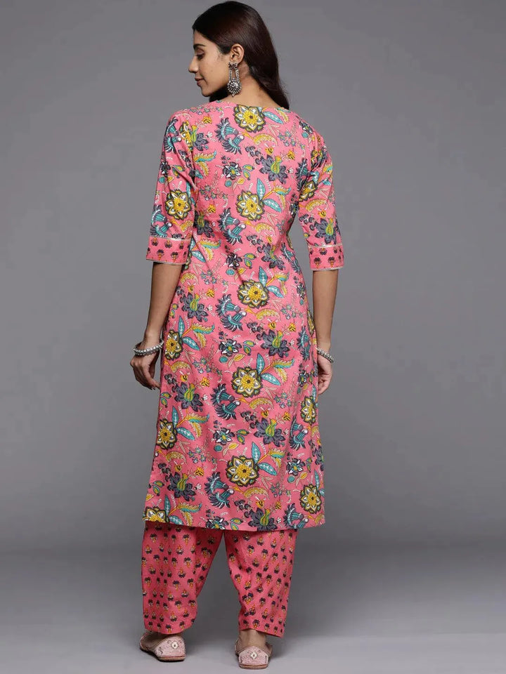 Pink Printed Cotton Straight Kurta - Libas