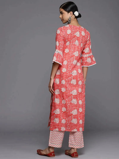 Pink Printed Cotton Straight Kurta - Libas