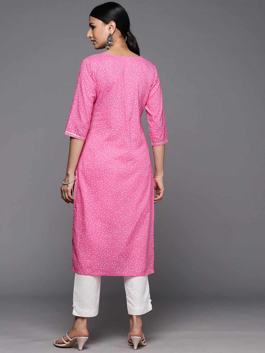Pink Printed Cotton Straight Kurta - Libas