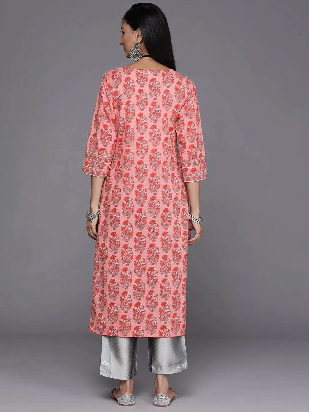Pink Printed Cotton Straight Kurta - Libas 