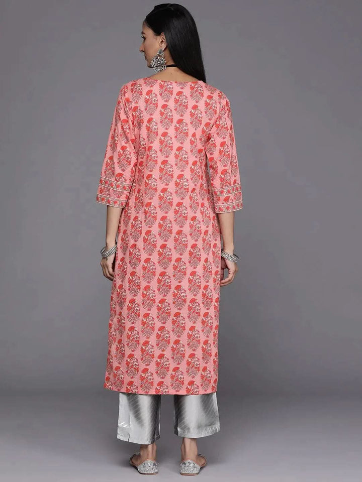 Pink Printed Cotton Straight Kurta - Libas