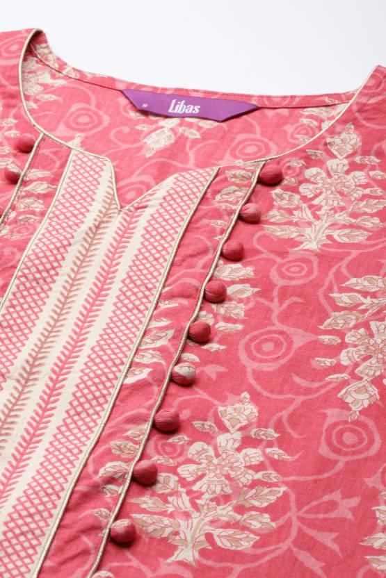 Pink Printed Cotton Straight Kurta - Libas