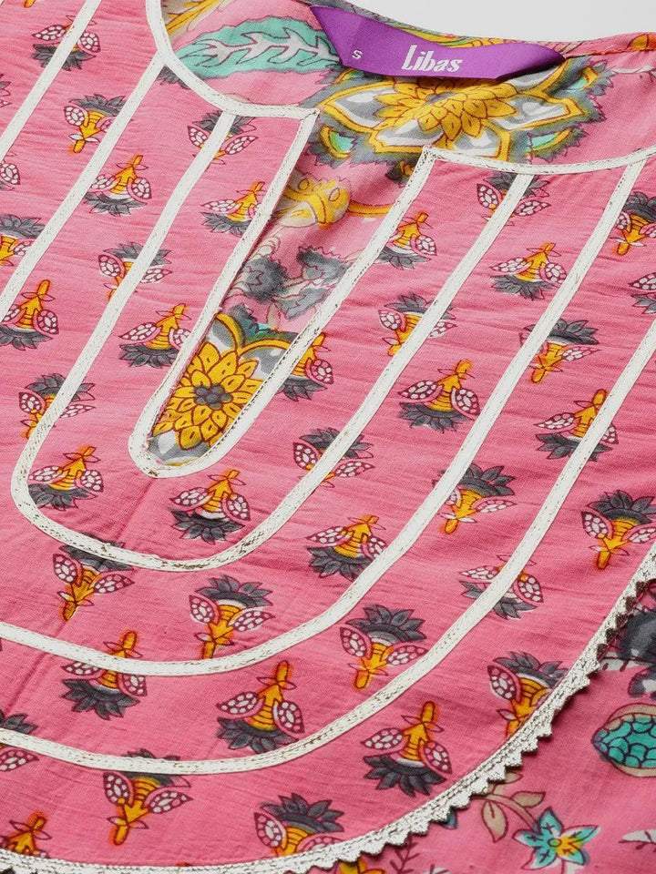 Pink Printed Cotton Straight Kurta - Libas