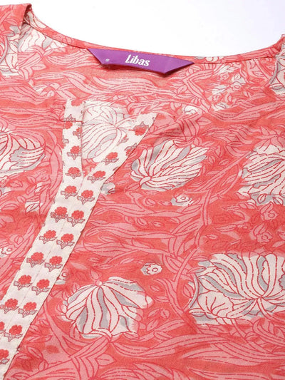 Pink Printed Cotton Straight Kurta - Libas