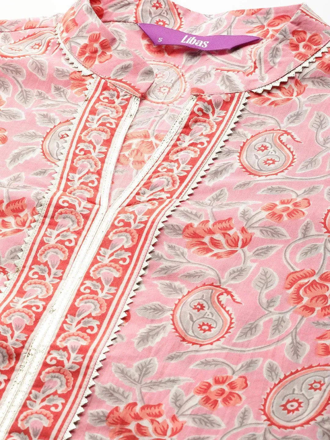 Pink Printed Cotton Straight Kurta - Libas 