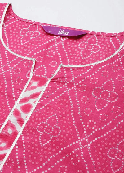 Pink Printed Cotton Straight Kurta - Libas