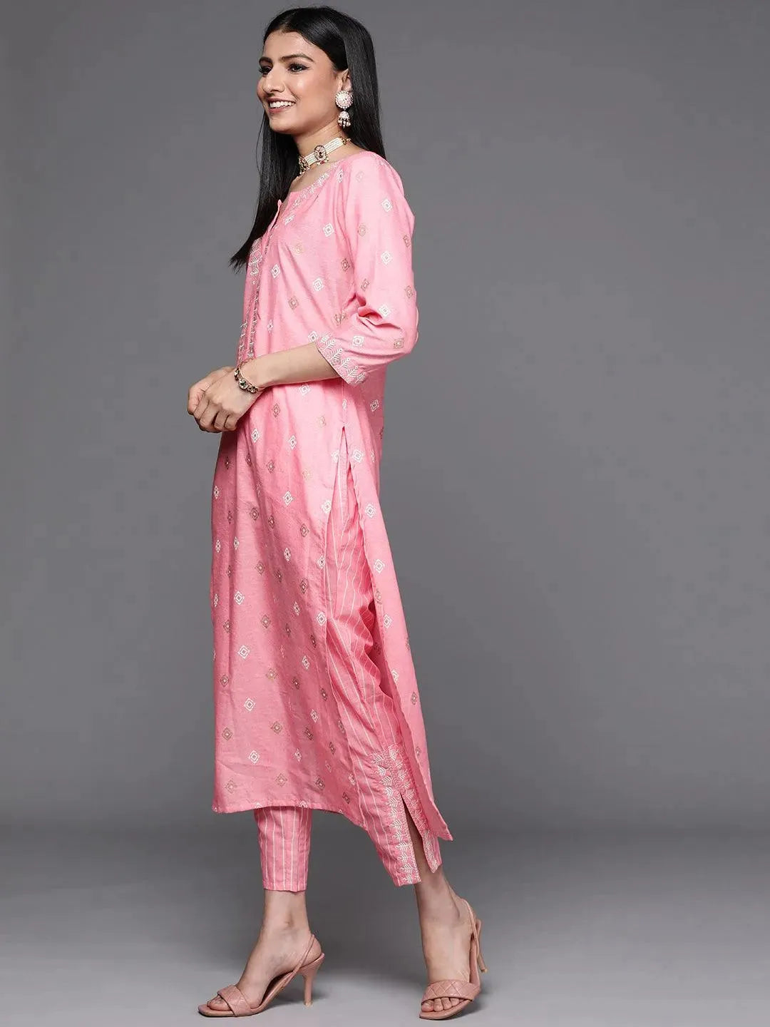 Pink Printed Cotton Suit Set - Libas 