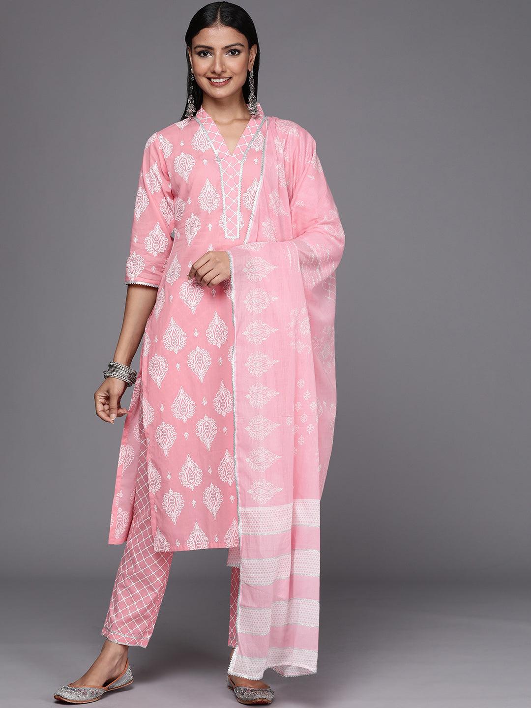 Pink Printed Cotton Straight Kurta With Dupatta