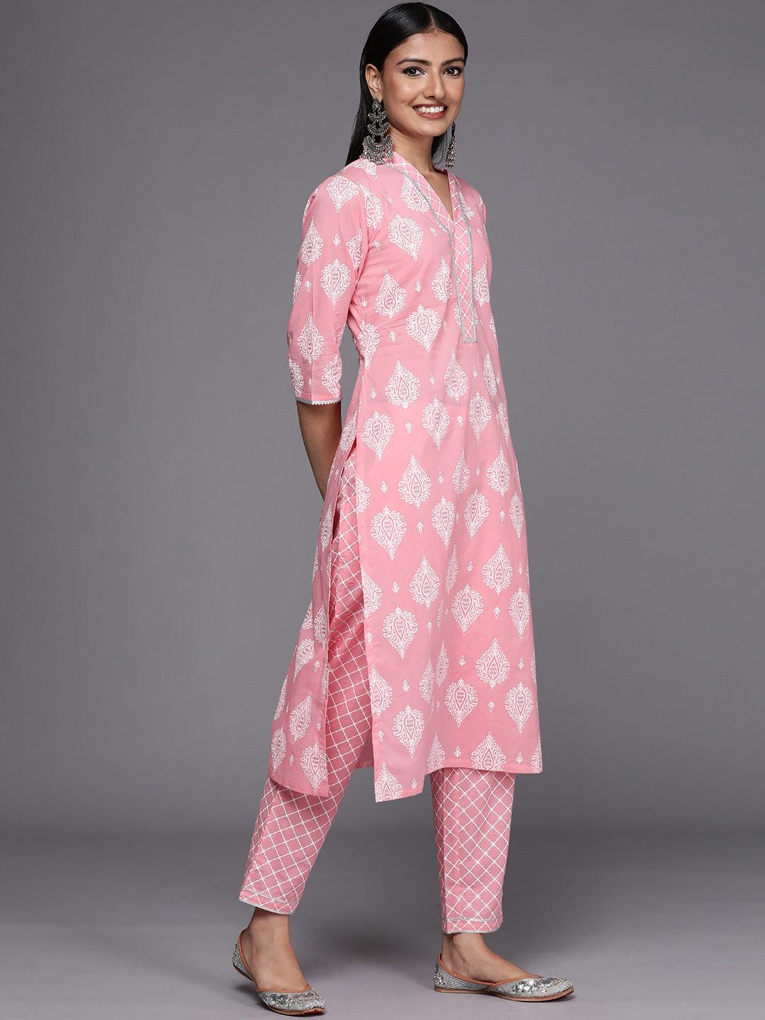Pink Printed Cotton Straight Suit Set - Libas