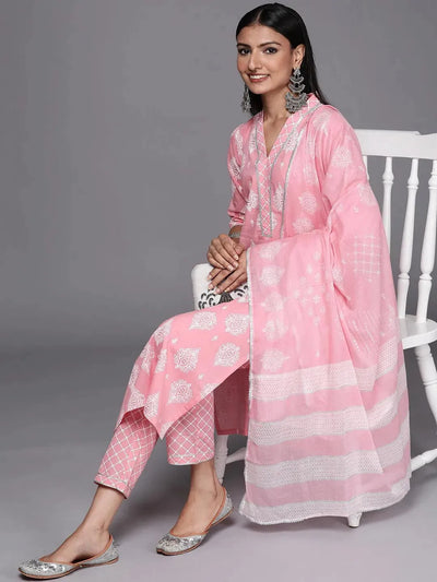 Pink Printed Cotton Suit Set - Libas