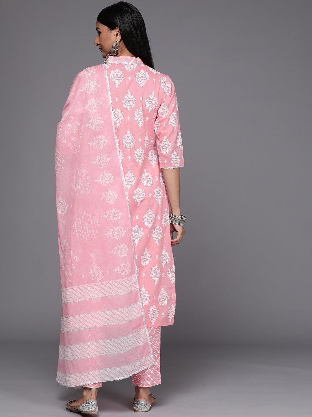 Pink Printed Cotton Straight Kurta With Dupatta