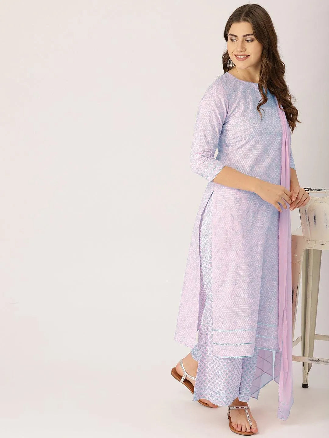 Pink Printed Cotton Straight Kurta With Palazzos & Dupatta - Libas