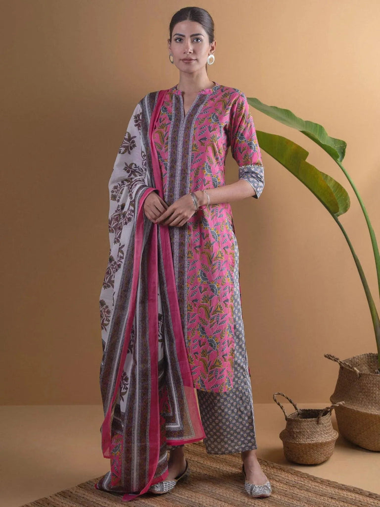 Libas Pink Printed Cotton Straight Kurta With Palazzos & Dupatta