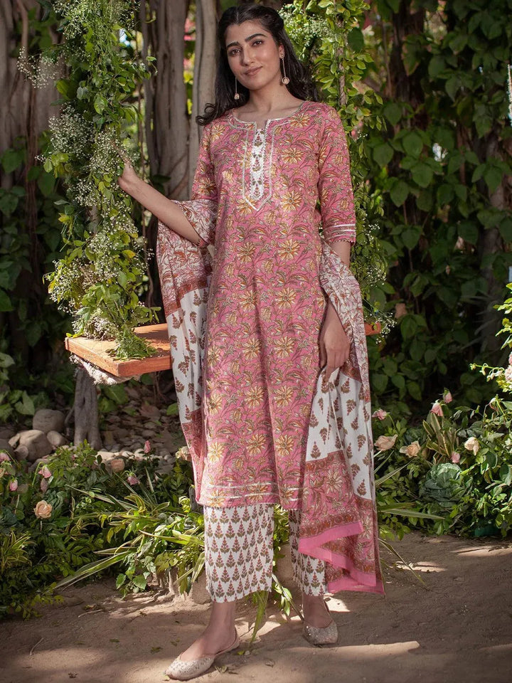 Pink Printed Cotton Suit Set - Libas