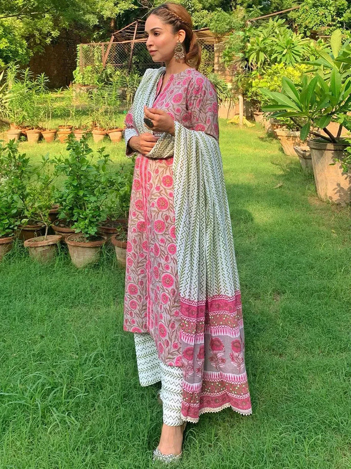 Pink Printed Cotton Suit Set - Libas