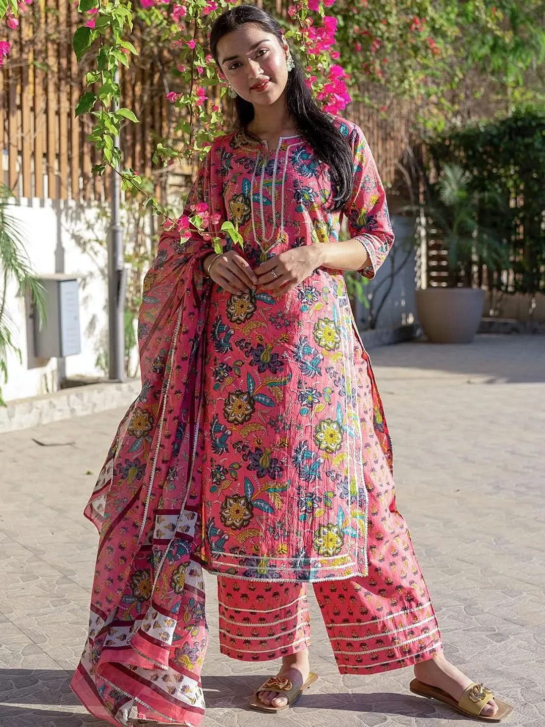 Pink Printed Cotton Straight Suit Set - Libas 