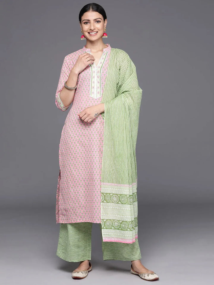 Pink Printed Cotton Straight Kurta With Palazzos & Dupatta - Libas