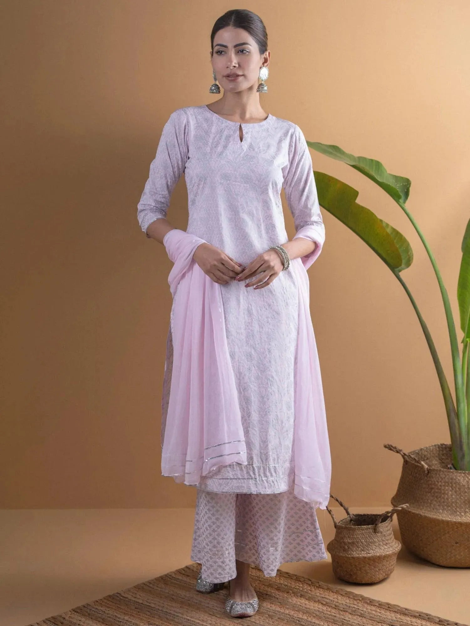 pink printed cotton straight kurta with palazzos and dupatta libas 2 27529692741782