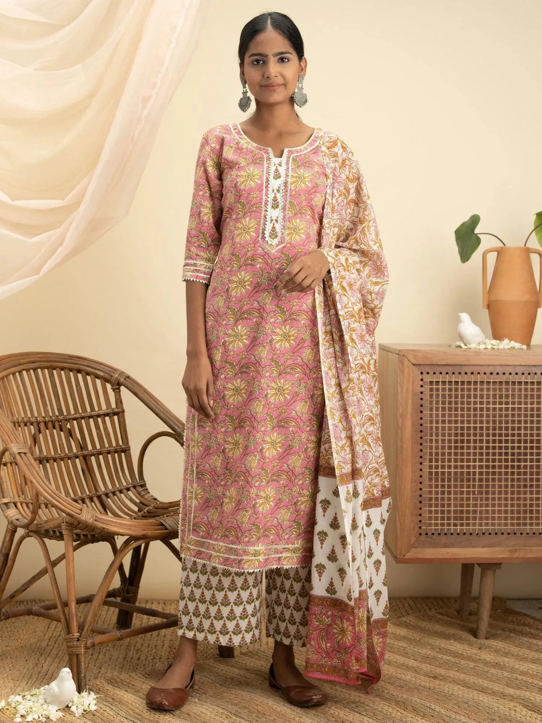 Pink Printed Cotton Suit Set - Libas 