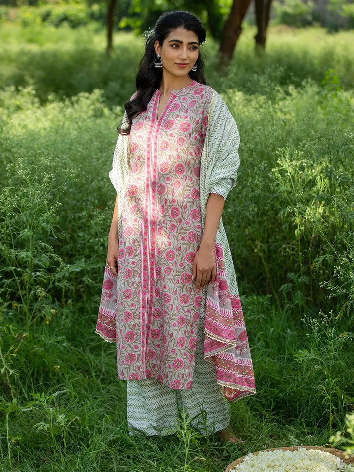 Pink Printed Cotton Suit Set - Libas