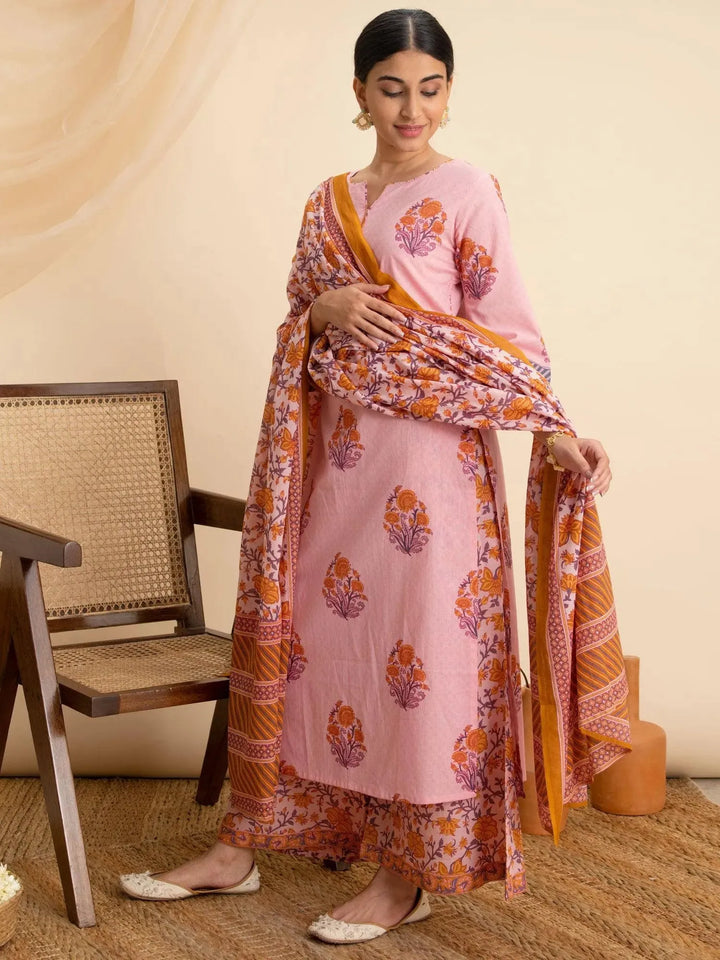 Pink Printed Cotton Suit Set - Libas