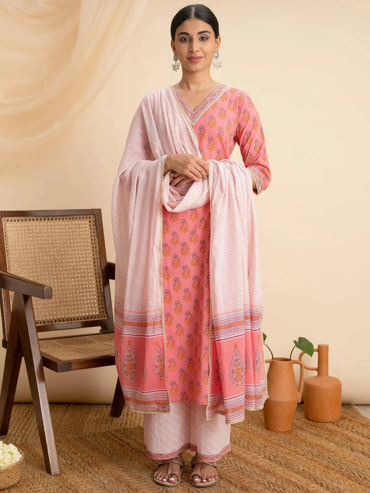 Pink Printed Cotton Suit Set - Libas