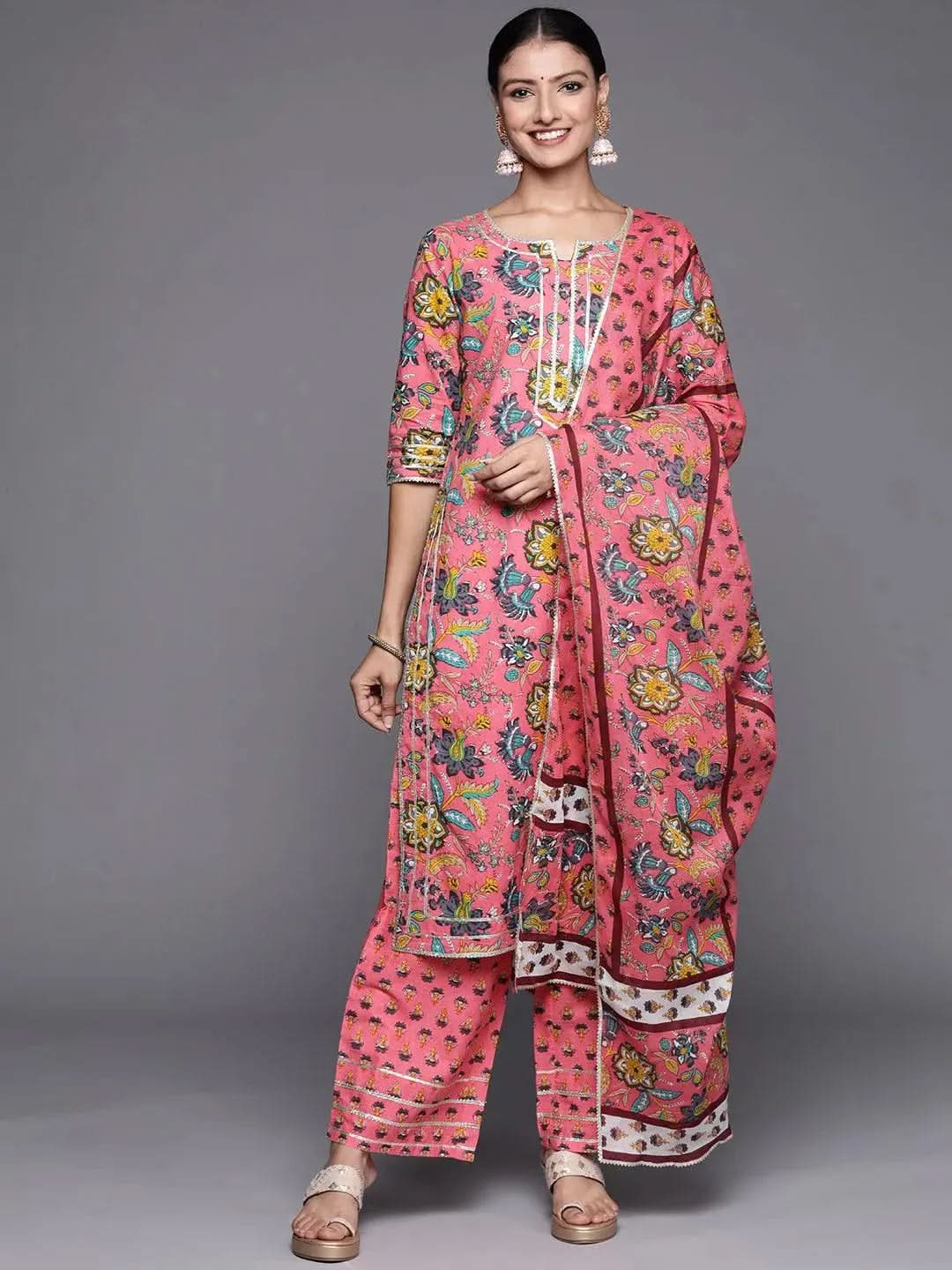 Pink Printed Cotton Straight Suit Set - Libas 