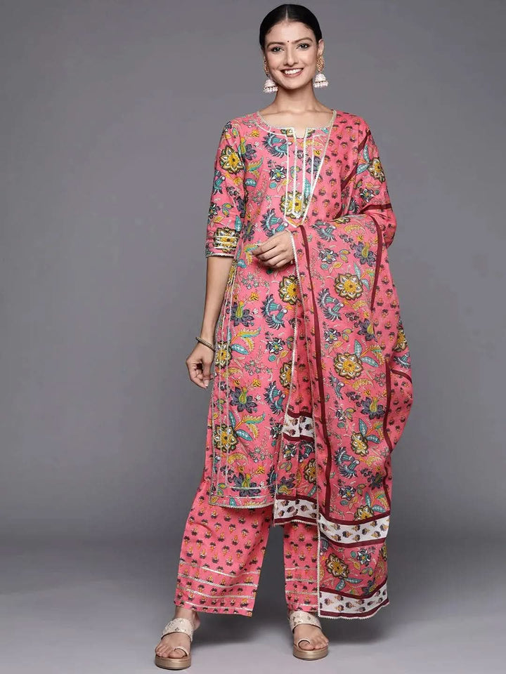 Pink Printed Cotton Straight Suit Set - Libas